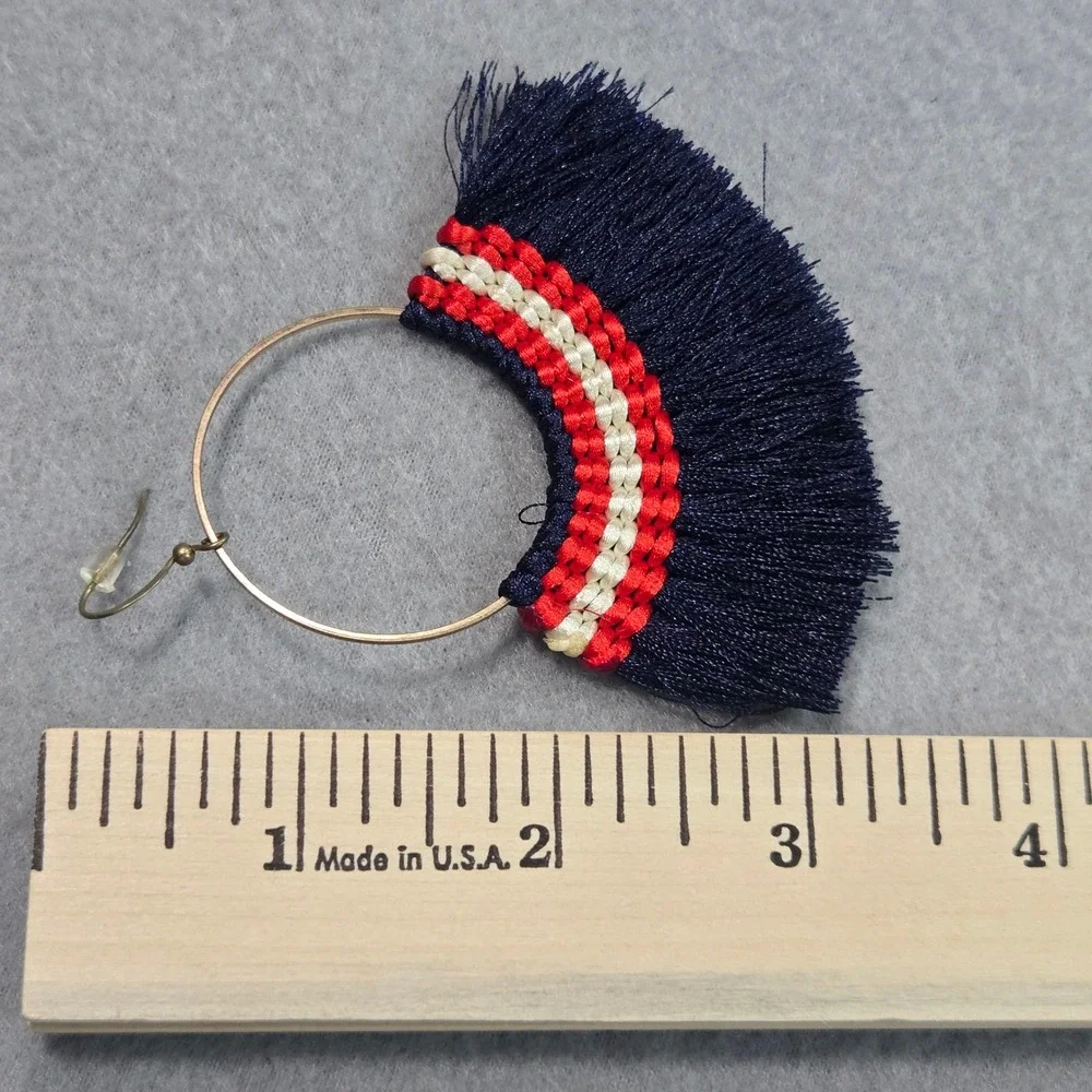 Plunder Tassel Hoop Earrings Women OS Navy Red White Striped Fringe‎ Fan Boho
